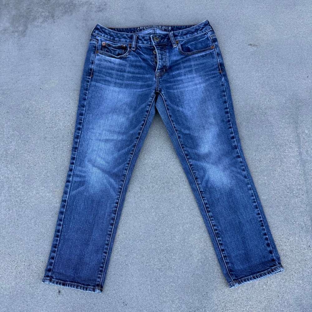 American Eagle Boy Crop Stretch Jeans Medium Wash Button Fly Size 4 Short